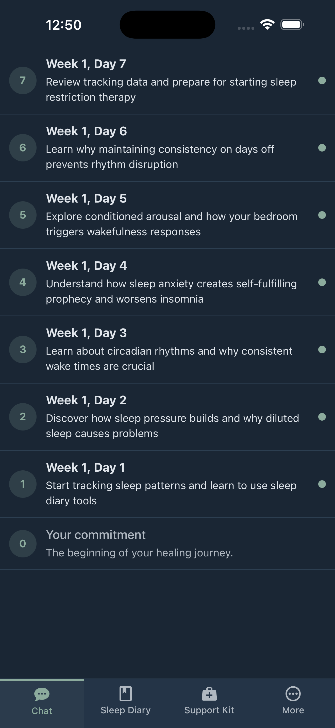 Just Let Me Sleep app showing the structured weekly CBT-I program with daily lessons on sleep science, circadian rhythms, and sleep anxiety